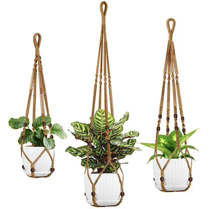IDEEEPAN Macrame Plant Hanger - Fits 4 to 15 inches Pots for Indoor Outdoor, 43"/35"/29" Different Sizes Set, Brown (POTS NOT Included)