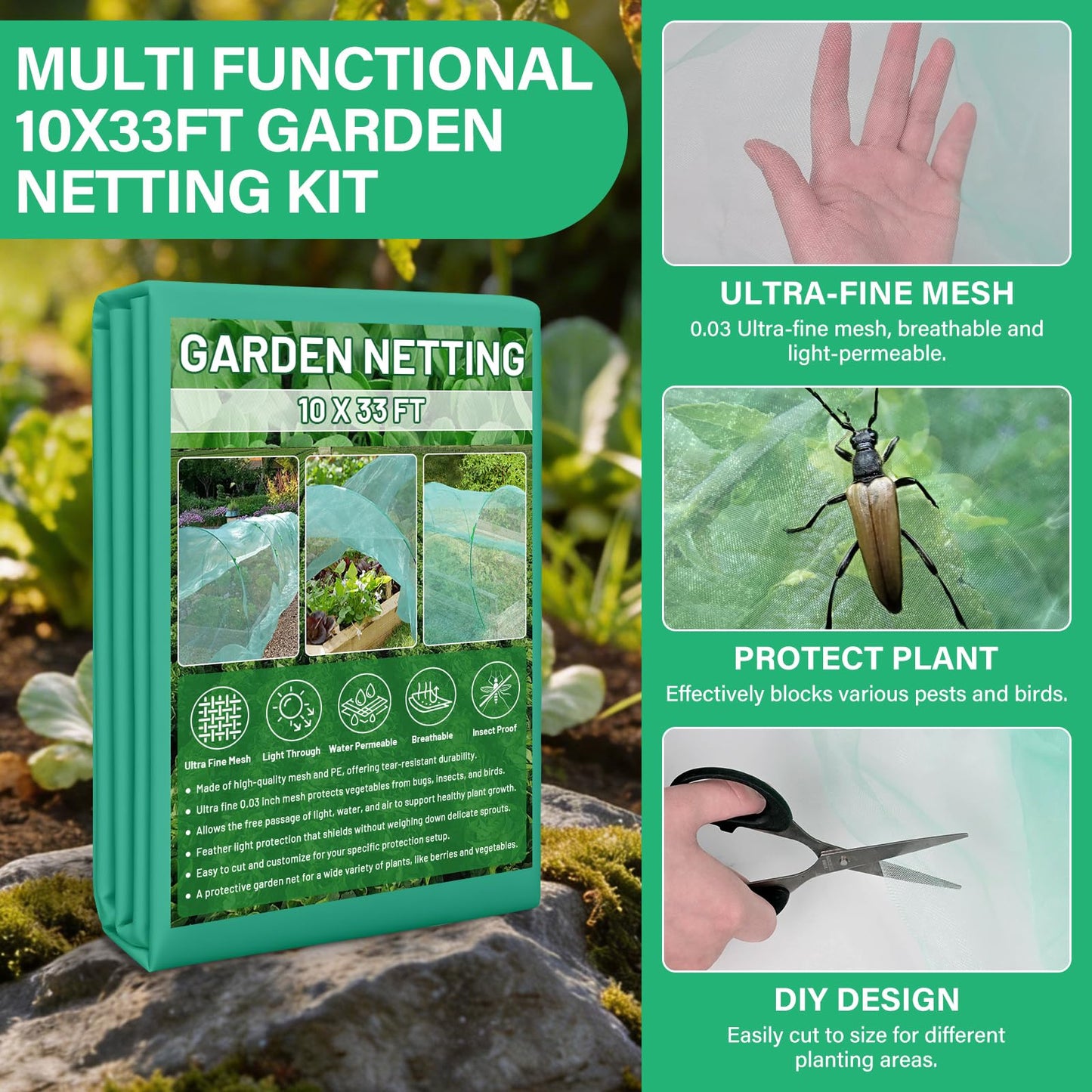 Sunwinx Garden Mesh Netting Kit for Raised Beds, 10x33FT Ultra Fine Mesh Netting& 6 Sets 8FT Fiberglass Garden Hoops, Insect Netting Row Cover, Pest Barrier Protection for Vegetable Fruits Flowers