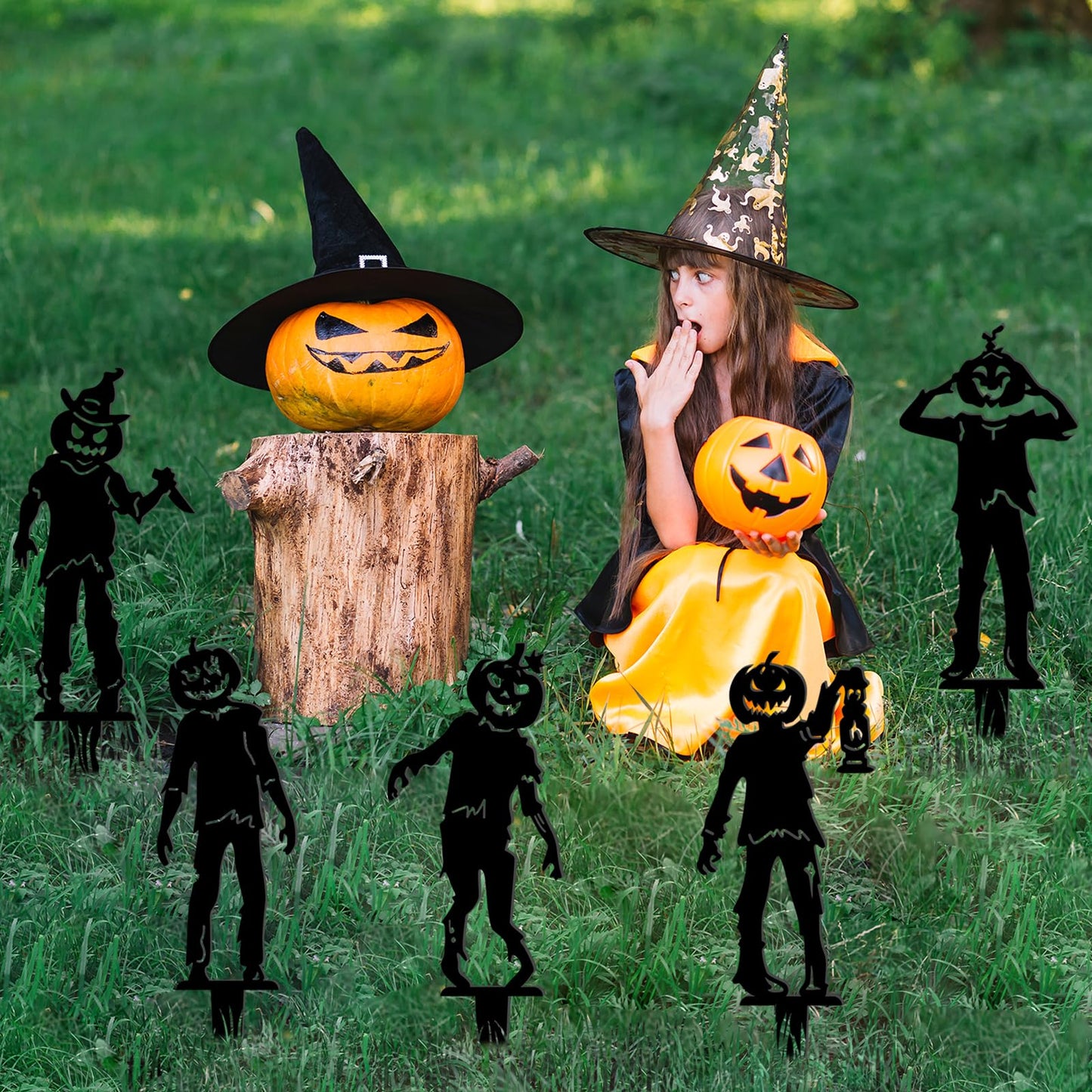 5 Pcs Metal Halloween Yard Signs Halloween Outdoor Decorations Black Metal Art Halloweens Yard Stakes Reusable Skeleton Lawn Sign for Zombie Holiday Party Supply Pumpkin Decor for Garden Prop