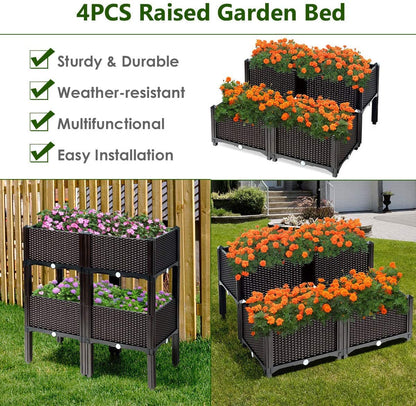 LDAILY LUARANE Raised Garden Bed Kit, Outdoor Plastic Planter Box Set of 4, Elevated Garden Beds with Brackets, Suitable for Garden Patio Balcony Dining Room