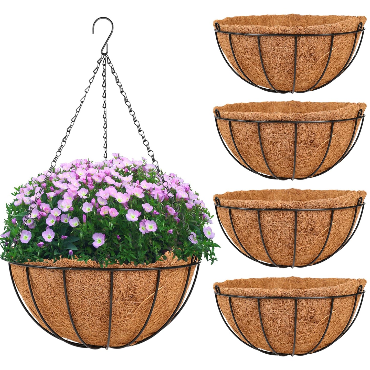 HKZ Hanging Basket Planter Plants Outdoor - 4 Pack 10 Inch Metal Hanging Planter with Coco Liners, Chain Hook Hanging Flower Pots for Indoor Outdoor Garden Porch Decoration