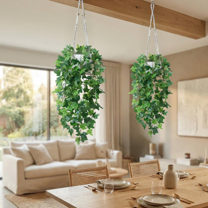 DREAMLOOM 2 Packs Fake Hanging Plants with Pots, Artificial Ivy Hanging Plants with Macrame Hanger for Indoor Decor, Fake Hanging Vines Faux Greenery for Home Kitchen Office