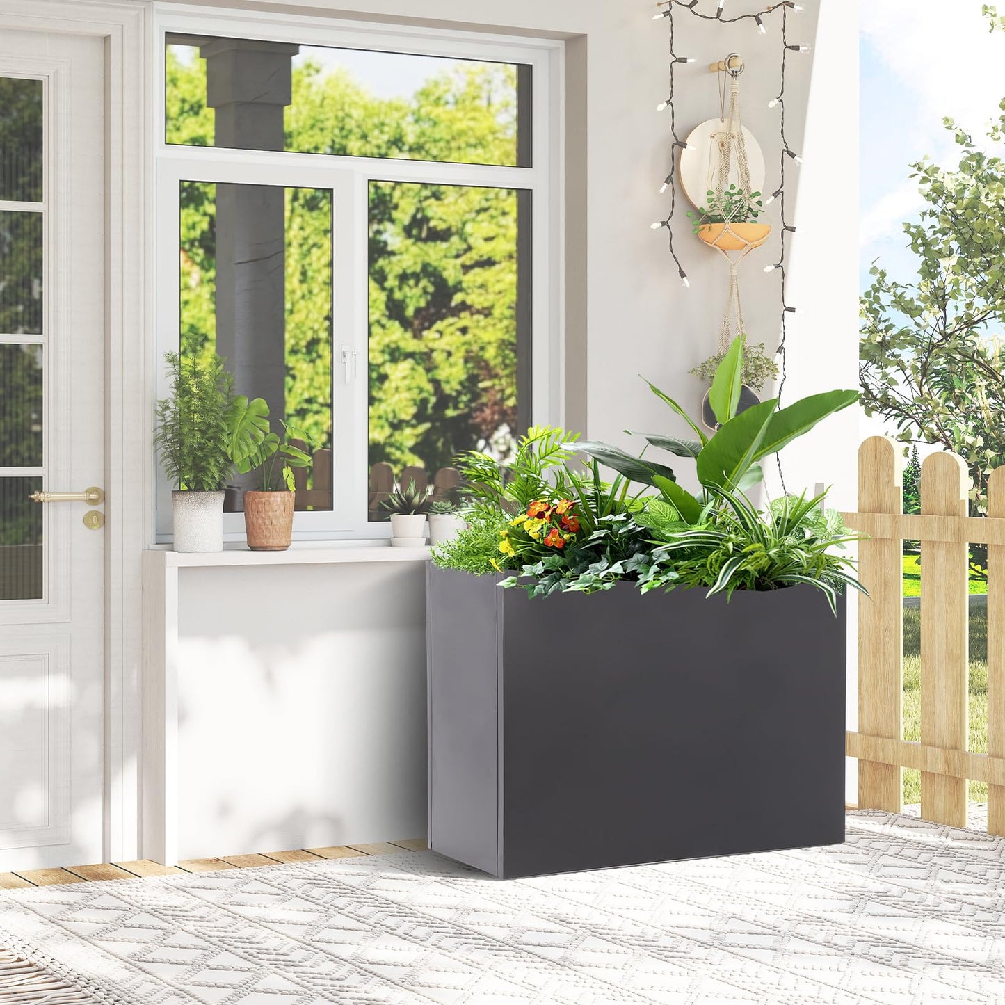 Large Metal Planter Box 32"x 12"x 24" - Modern Rectangular Heavy Duty Black Steel Planter with Drainage Holes for Outdoor Garden, Patio, and Balcony – Rust and Weather Resistant (Grey)