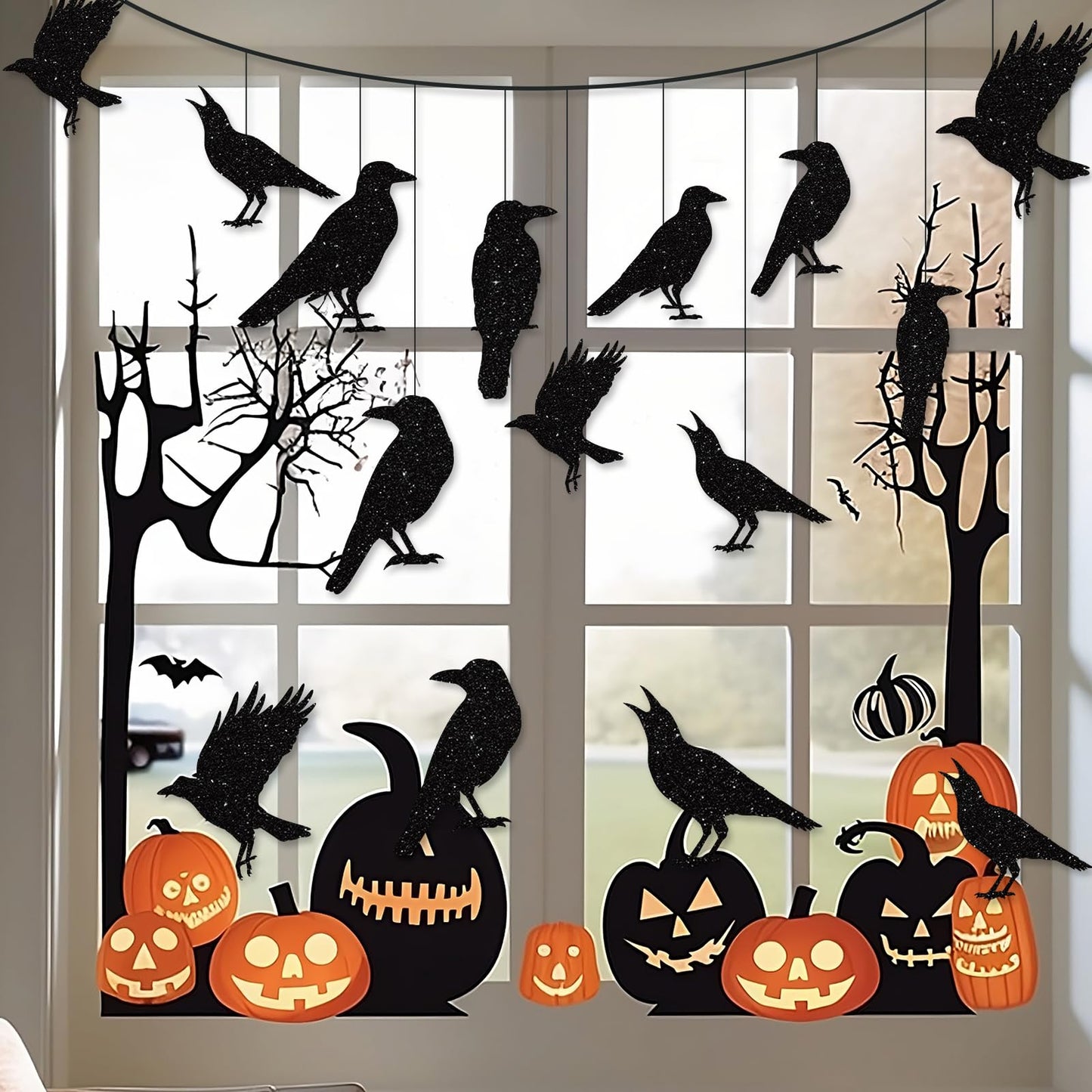 40pcs Glitter Black Crow Halloween Decorations Bird Raven Hanging Banners for Gothic Halloween Garland Backdrop Centerpiece Wall Cutouts for Horror Theme Birthday Wedding Yard Party Supplies