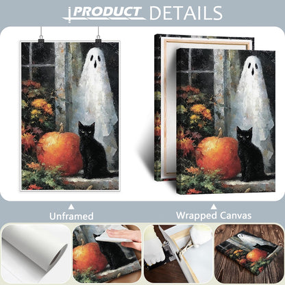 Horror Ghost Canvas Wall Art,Halloween Black Cat Poster Print,Dark Academia Wall Decor For Home Bedroom Living Room 12X18 in Unframed