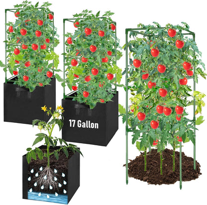 MQHUAYU 2 Pack Tomato Cages with 17 Gallon Grow Bags, 47” Heavy Duty Square Tomato Plant Stakes Support Cages Trellis for Garden Climbing Vegetables Flowers Fruits (47IN Tall, Extra-Bold)