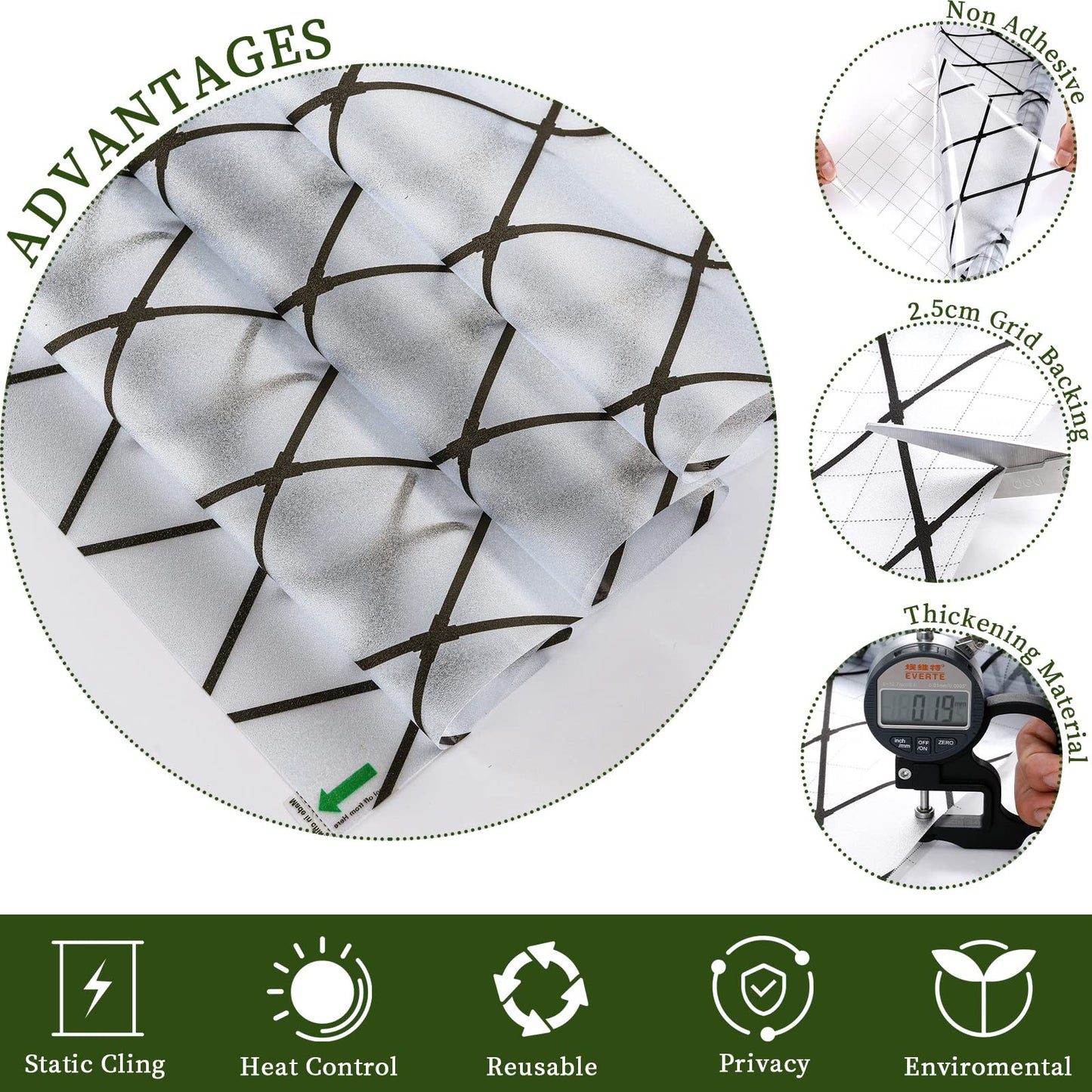 VELIMAX Frosted Black Lattice Window Film Static Cling Window Privacy Films Decorative Glass Vinyl Film for Windows Removable Sun Blocking Anti-UV 17.7x157.4 inches