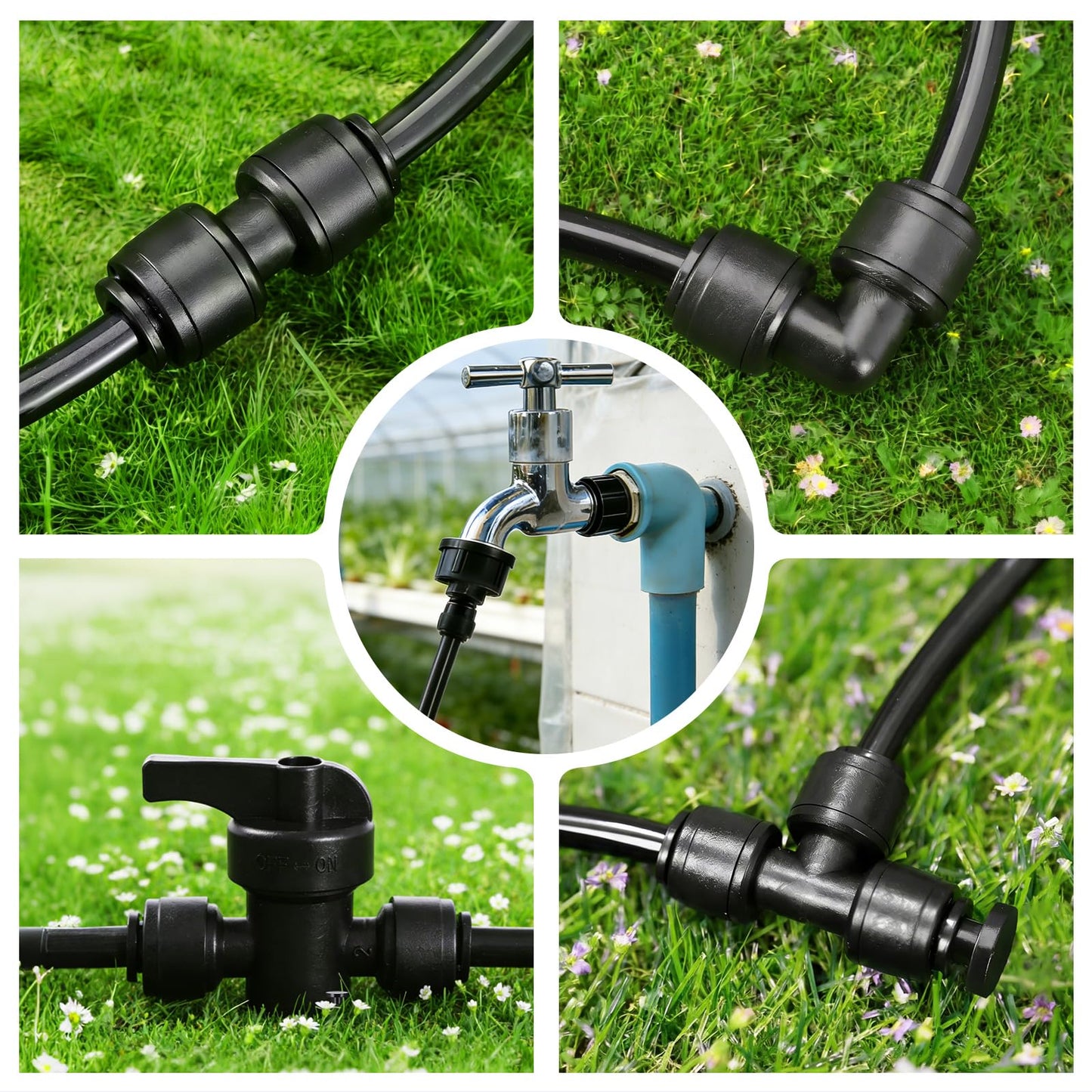 47 Pack Quick Connect 1/4" Drip Irrigation Fittings Kit, 1/4'' Drip Irrigation Tubing Push-to-Fit Connectors Parts- 5 Shut Off Valve, 10 Tees, 10 Couplings, 10 Elbows,10 End Plugs, 2 Faucet Adapters