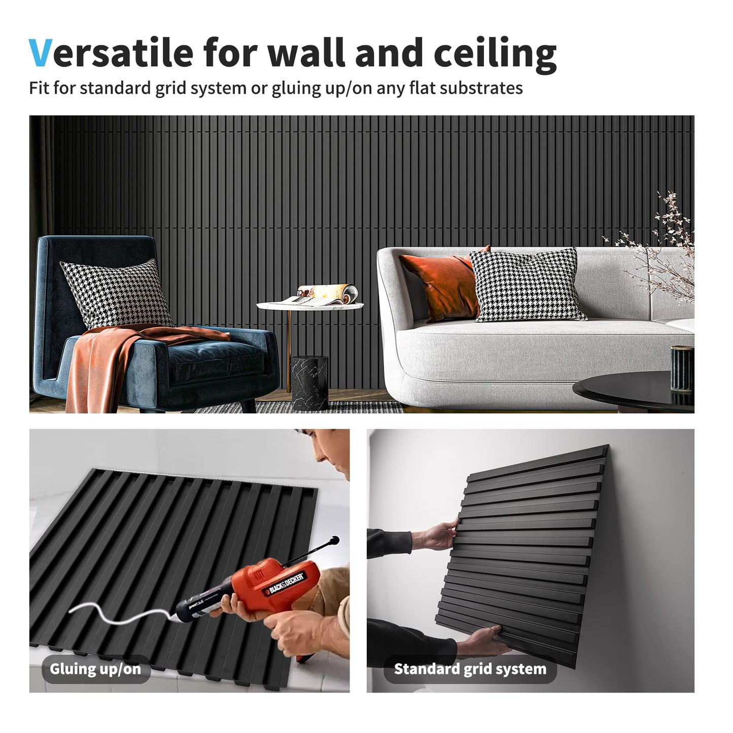 Art3d Slat Wall Panel, 3D Fluted Textured Panel 12-Tile 19.7 x 19.7in. - Cover 32 Sq.Ft., Black