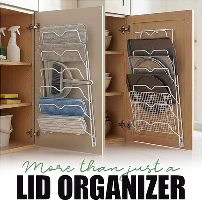 Evelots 6 Pot Lid Organizer for Cabinet Door or Pantry Wall - Closet Door Pots and Pans Lids Holder - Glass or Metal Pan Covers Cabinet Organizer Kitchen Storage - White 6 Tier Lid Rack