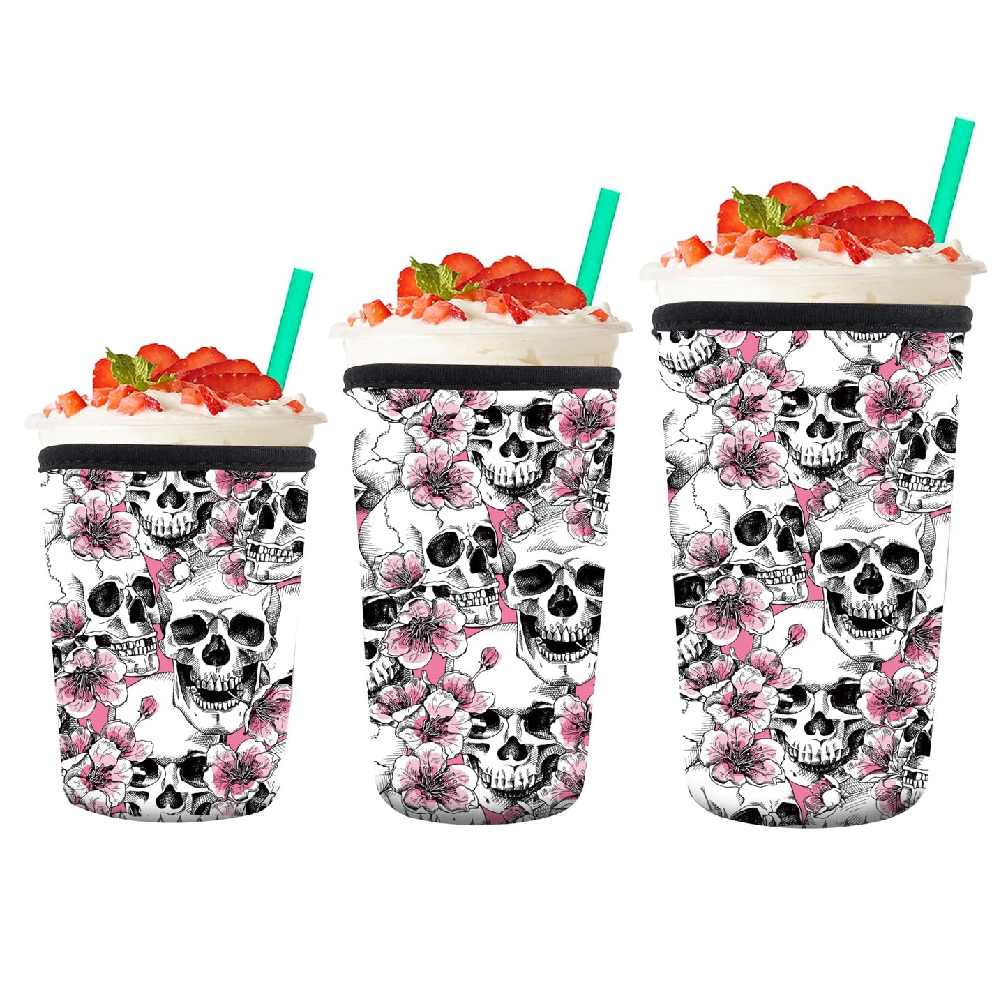 AMZXCFGL 3 Pack Reusable Neoprene Insulator Sleeve for Iced Coffee Cups, Cute Funny Coffee Cup Sleeve, Universal Fit 16-32oz Cups for Hot Cold Beverages Cute Floral Skull