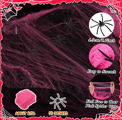 Tellingyou 950 Sqft Halloween Pink Spider Webs Decorations with 50 Extra Fake Spiders, Super Stretchy Cobwebs for Halloween Decor Indoor and Outdoor