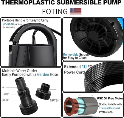 FOTING Sump Pump 1HP Clean/Dirty Submersible Water Pump,4600GPH Utility Pump Thermoplastic Electric Portable Transfer Water Pump for Swimming Pool Pond Basement with 10ft Power Cord,Manual