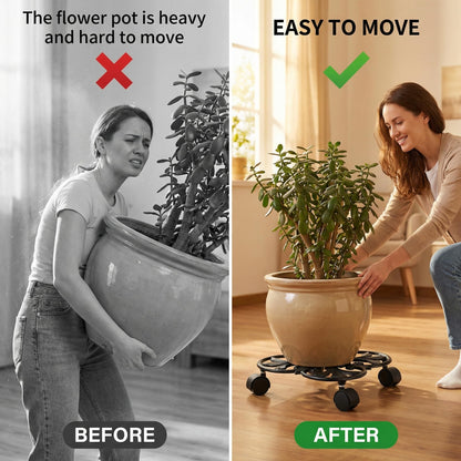 Goaste Cast Iron Plant Caddy, 11" Heavy Duty Plant Stand, Rustic Plant Trolley with 4 Rolling Wheels, Round Planter Holder for Outdoor Indoor, Large Plant Flower Pots, Load Capacity 330 Lbs (Black)