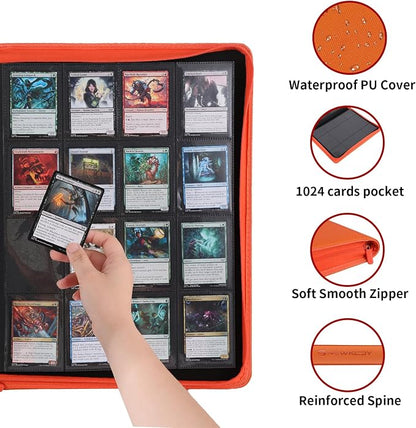 Snekdy premium 1024-pocket trading card binder, Card Albums 16 pockets, waterproof PU-leather Cover album with side loading, holds gaming, baseball (Orange)