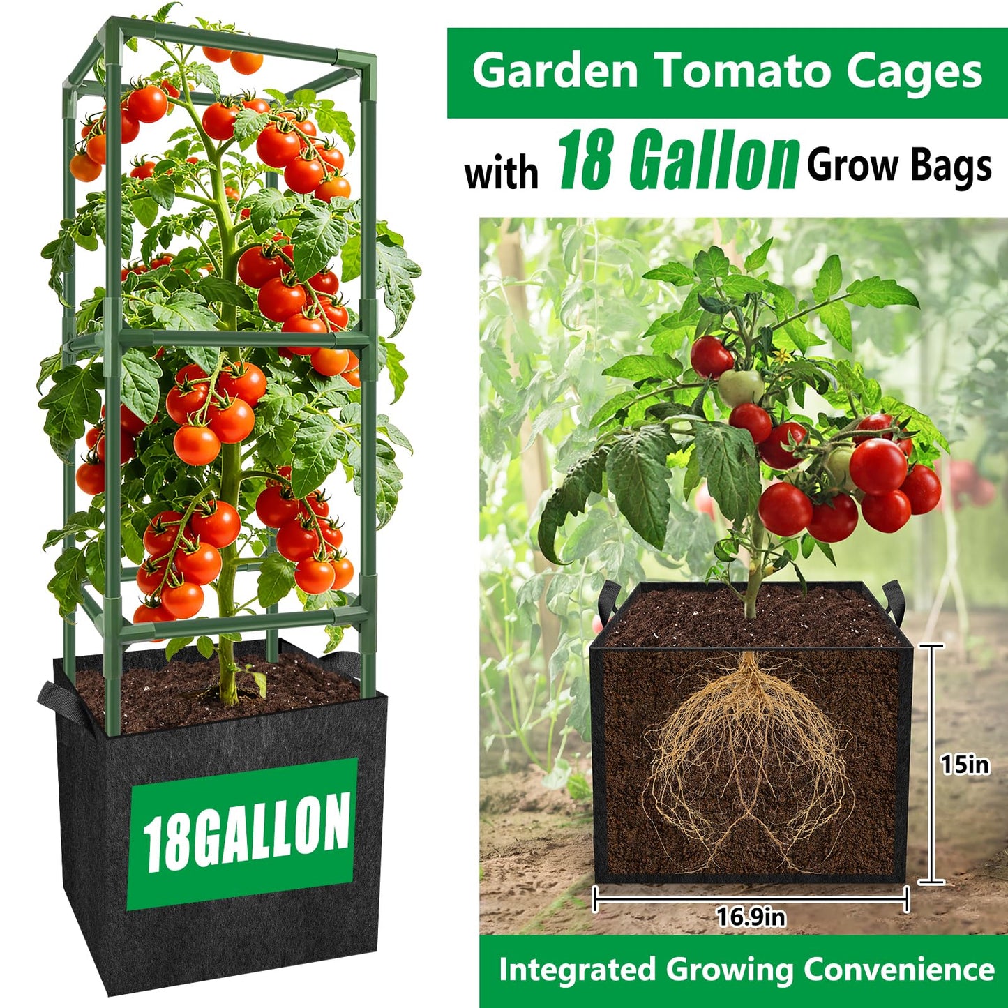 3 Set Square Tomato Cages with 18 Gallon Grow Bags, 49'' Tall Heavy Duty Steel Tomato Trellis Kit for Garden, Plant Support Tower Stakes Cucumber Pepper Trellis for Climbing Vegetable Flowers