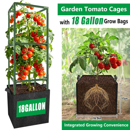 3 Set Square Tomato Cages with 18 Gallon Grow Bags, 49'' Tall Heavy Duty Steel Tomato Trellis Kit for Garden, Plant Support Tower Stakes Cucumber Pepper Trellis for Climbing Vegetable Flowers