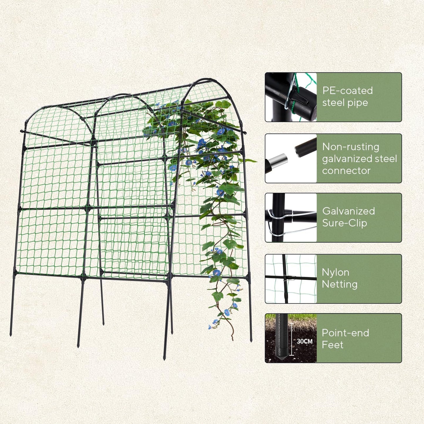 FOLLOOK Garden Arch Trellis for Climbing Plants Outdoor, 7.8 ft Tall Cucumber Trellis for Raised Bed, Plastic-Coated Metal Plant Support Vegetable Squash Pea Bean Grape Vine Arbor, Black