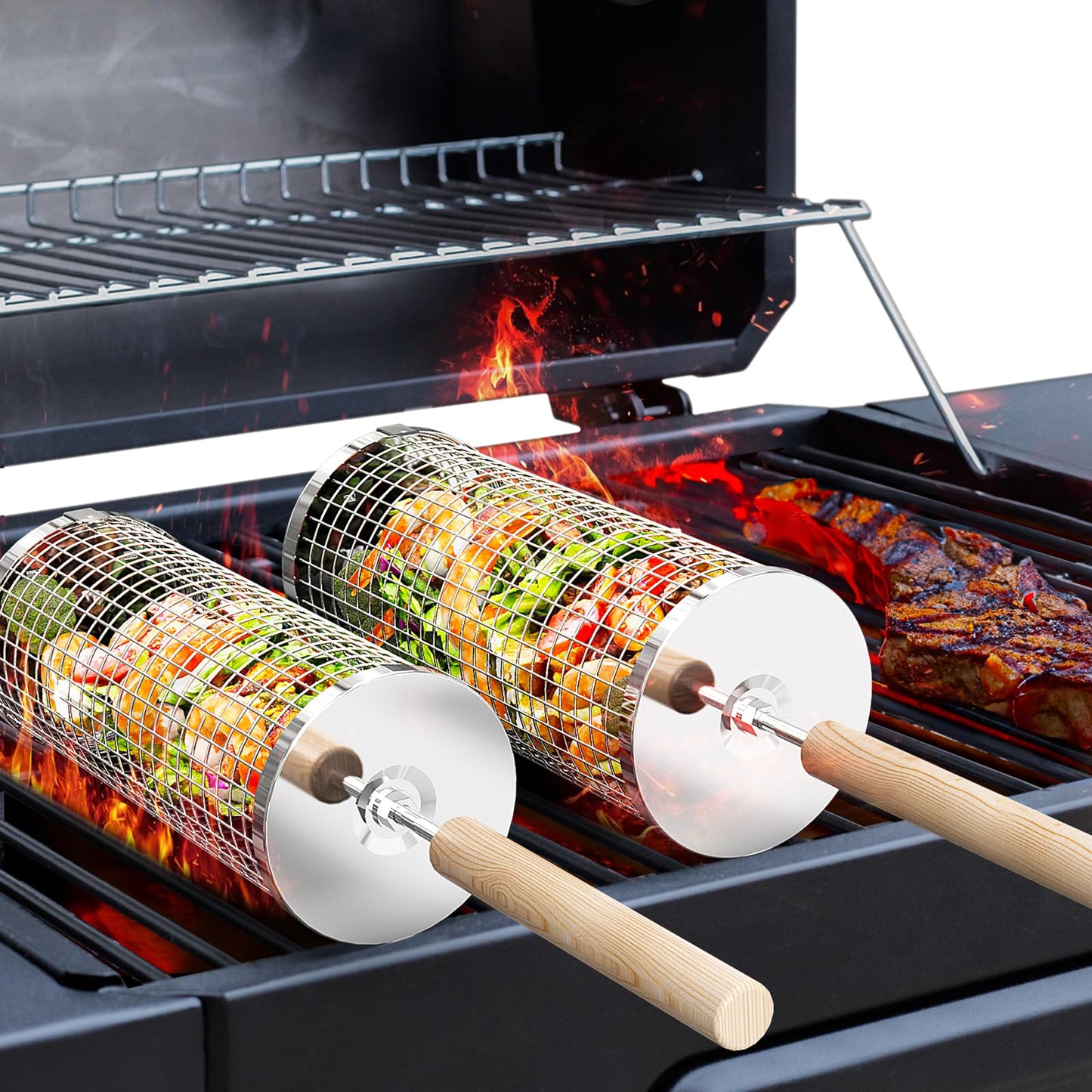 ivtivfu Rolling Grill Baskets, Removable Wooden Handle, 304 Stainless Steel, Nesting Grilling, BBQ Accessories Tools for Vegetable Shrimp, Outdoor Cooking Camping, Birthday Gifts for Men Dad Husband