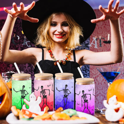 Zhehao Set of 2 16 oz Summer Halloween Skeleton Glass Cups with Lids Straws and Cleaning Brush, Skeleton Iced Coffee Cup Drinking Glasses Tumbler for Halloween Gifts Boo Basket Stuffers