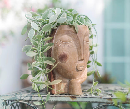 Saysmile Head Planters for Indoor Plants, Face Flower Pot Head Planter Succulent Planters Unique Face Planter with Drainage Hole - Rustic Thinking Girl Closed Eyes