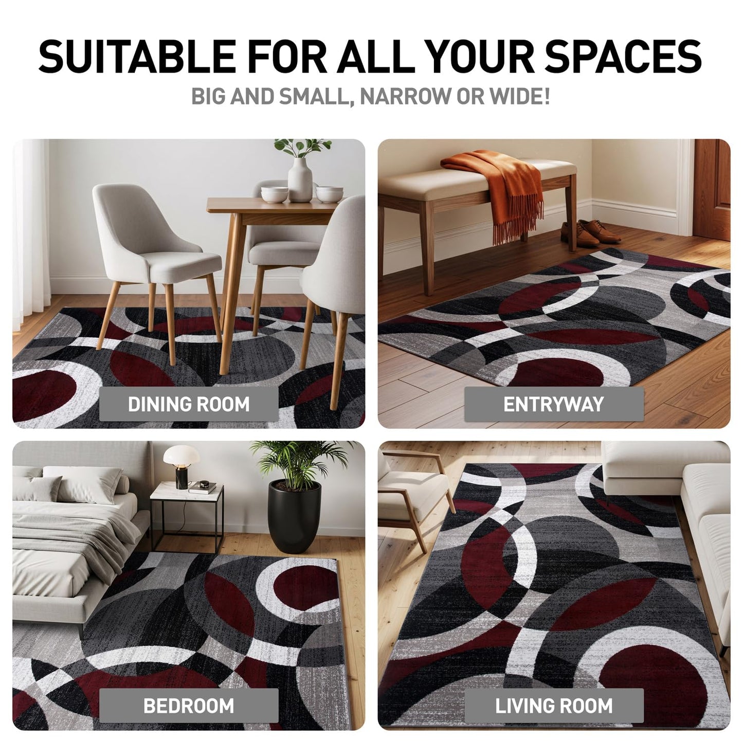 Rugshop Red Modern Geometric Indoor Area Rug, Overlapping Circle Pattern, Fade Resistant, Non-Shedding, for Living Room, Bedroom and Home Office, 5'3" x 7'3"