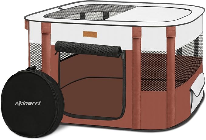 Dog Playpen - Foldable Cat Play Pens for Pubby, Kitten, Rabbit, Portable Pet Tent with Carring Bag for Indoor/Outdoor Travel Camping (Brown-Small)