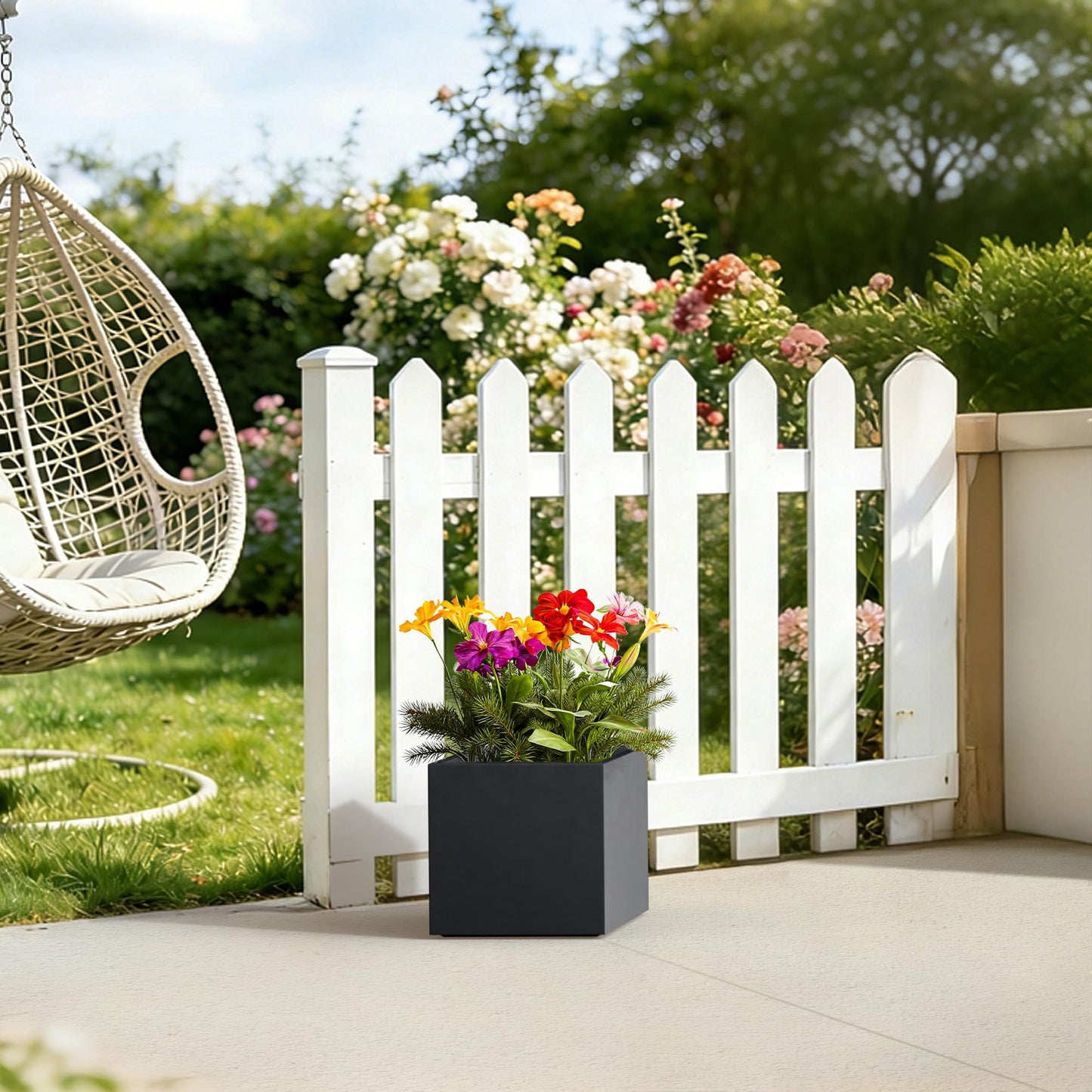 Kante 12 Inch Square Concrete Planter for Outdoor Indoor Home Patio Garden, Large Plant Pot with Drainage Hole and Rubber Plug, Black