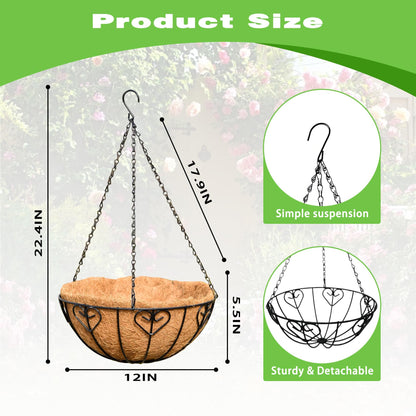 ZVOWOS 2 Pack 12 Inch Black Metal Hanging Basket Hanging Planter with Coco Coir Liner Heavy Duty Hanging Flower Pot Holder for Indoor Outdoor Patio Garden Porch Balcony Decor (Heart-Shaped)