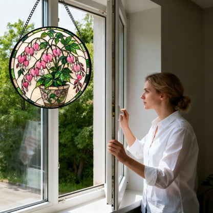 Stained Glass Window Hanging Sun Catcher Stained Glass Kit Style Pink Bleeding Heart Potted Floral Round Panel for Indoor Window Wall Garden Decor Gift
