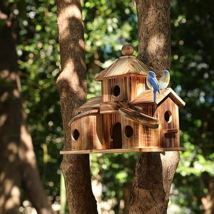 Bird Houses for Outside, Wooden 6 Hole Bird House Room for Multiple Birds, Outdoors Hanging Birdhouse Nesting Box for Garden, Bird Hotel for Wren Chickadee Sparrow