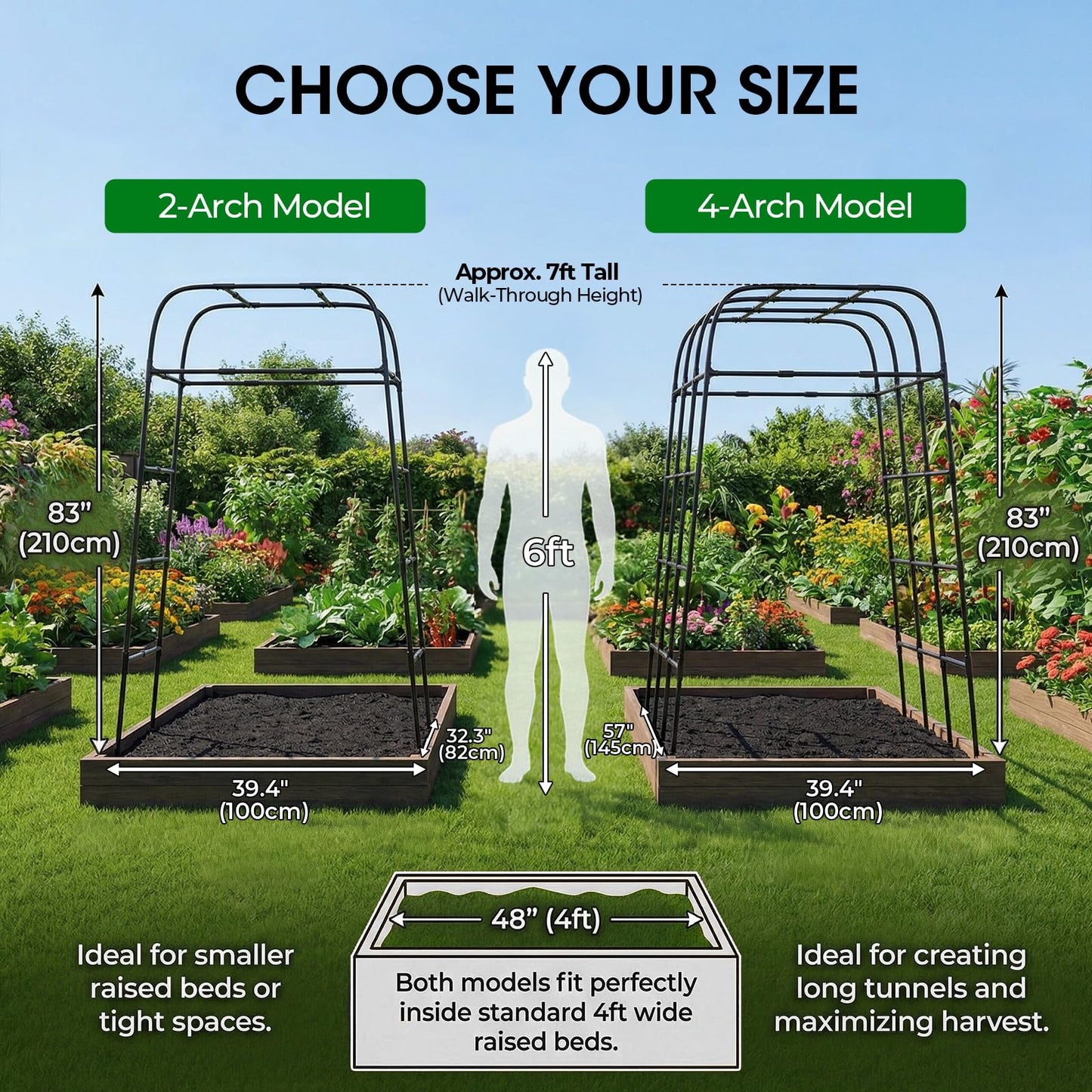 Garden Arch Trellis for Climbing Plants, 83" High Metal Cucumber Trellis & Tomato Cage, Rustproof Steel Tunnel Support for Squash, Pumpkin, Vegetables with Screw Fixation (32.3" L x 39.4" W)