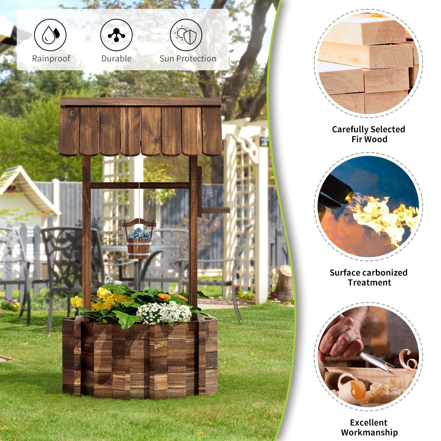 Aoxun Outdoor Wooden Wishing Well Planters with Hanging Bucket, Garden Helper, Rustic Garden Decor for Outside, Yard and Patio, Upgrade - Reinforced Base, Brown