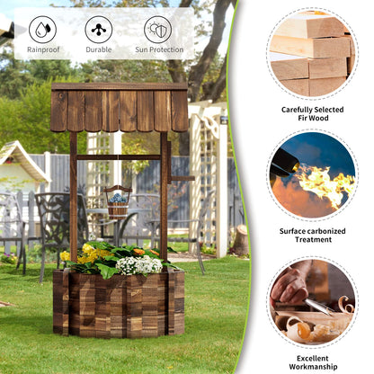 Aoxun Outdoor Wooden Wishing Well Planters with Hanging Bucket, Garden Helper, Rustic Garden Decor for Outside, Yard and Patio, Upgrade - Reinforced Base, Brown