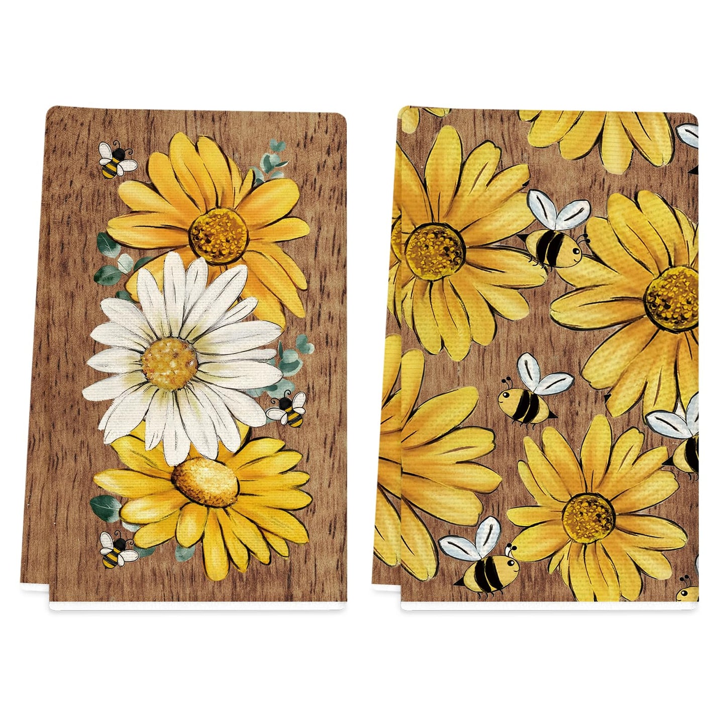 TAJWE Summer Kitchen Towels 18x26 Inch Set of 2 Wood Sunflower Bee Dish Towels Farmhouse Seasonal Holiday Decorative Hand Cloth for Kitchen Bathroom Decorations