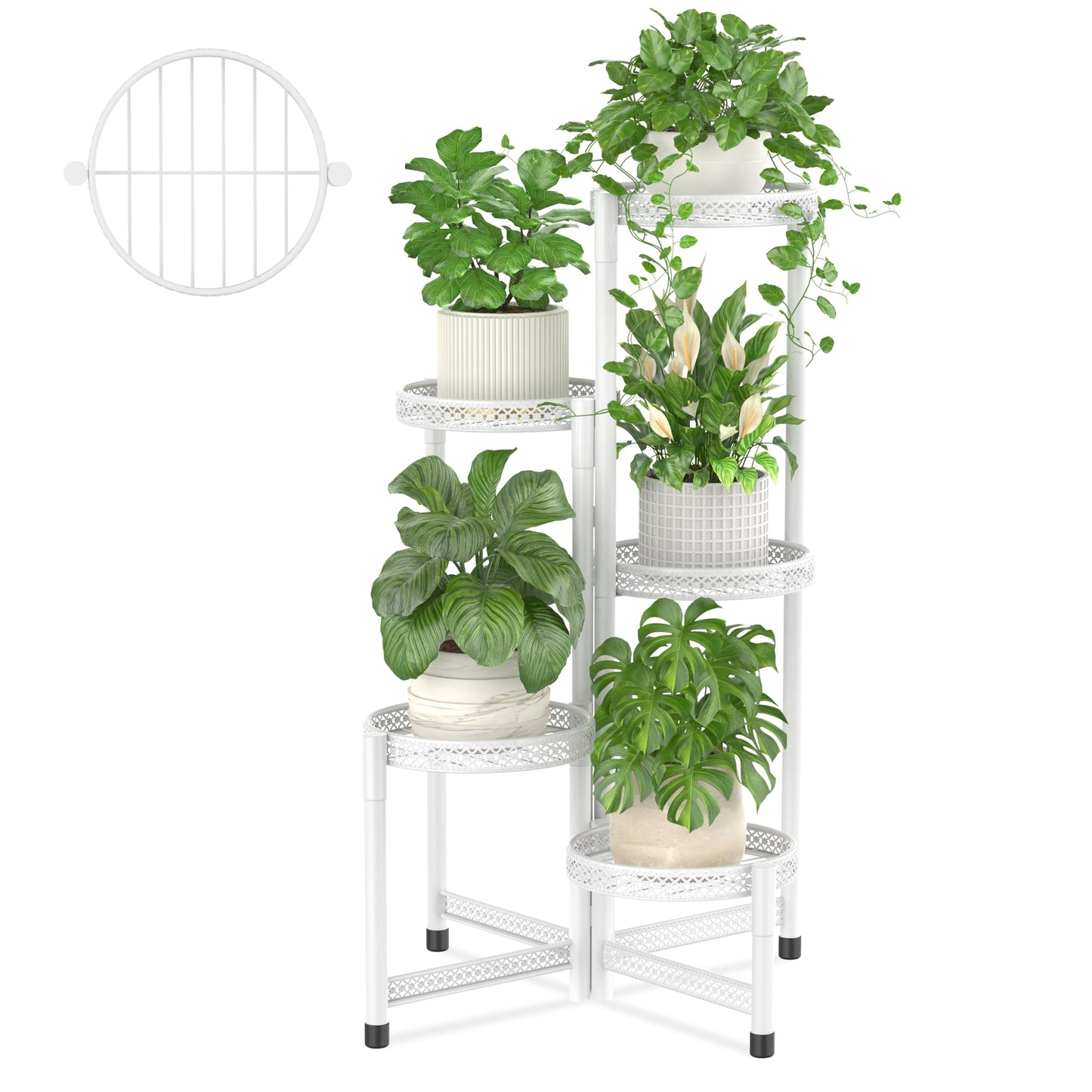 iDavosic.ly Plant Stand Indoor Outdoor, 5 Tier Corner Metal Flower Display Holder Shelf, Folding Tall Orchid Rack for Patio Balcony Porch Garden Living Room House, Wrought Iron - White