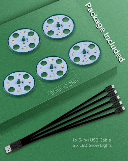 5 Pack Grow Light for Seed Starter,Greenhouse Germination Led Plant Light,Suitable for Seed Starter Kit with Humidity Dome,Full Spectrum Grow Lights for Indoor Plants,Perfect for Seedling Growth Green