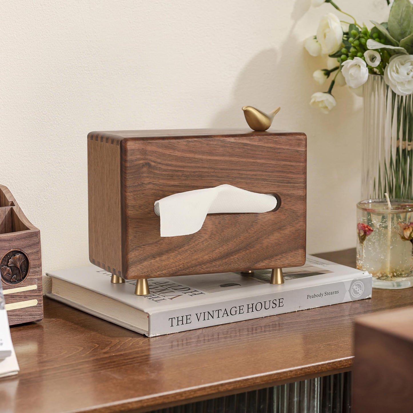 Black Walnut Wood Rectangle Tissue Box with Copper Bird Decor, Tissue Box Cover, Modern Style, Bedroom, Study Room, Office, Unique Gift idea of Elegant Copper Birds for Home Decor