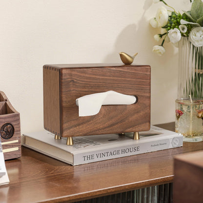 Black Walnut Wood Rectangle Tissue Box with Copper Bird Decor, Tissue Box Cover, Modern Style, Bedroom, Study Room, Office, Unique Gift idea of Elegant Copper Birds for Home Decor