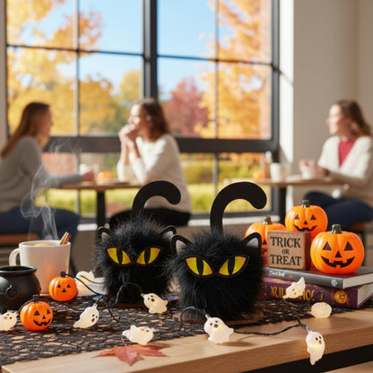HH Family Halloween Table Decor Black Cat 2 Pack, Rustic Wooden Decorations for Tabletop Tiered Tray Shelf or Mantel