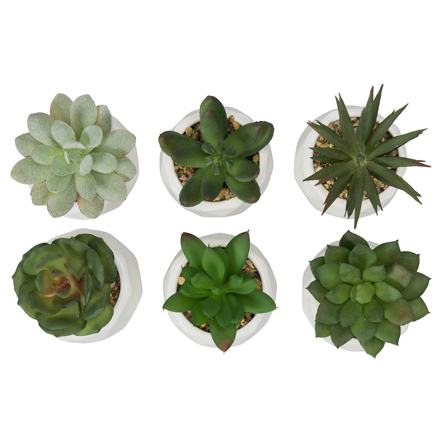 MyGift Mini Assorted Green Faux Succulent, Indoor Fake Plants in Geometric Ceramic Pots, Set of 6