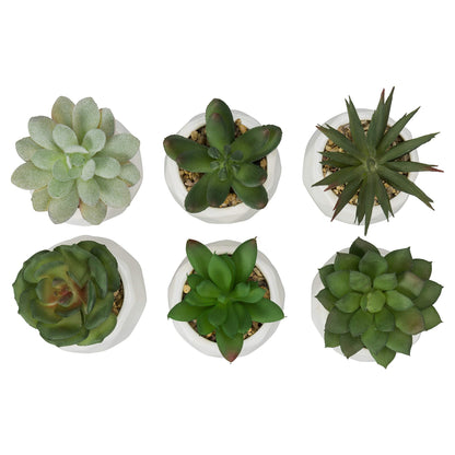 MyGift Mini Assorted Green Faux Succulent, Indoor Fake Plants in Geometric Ceramic Pots, Set of 6