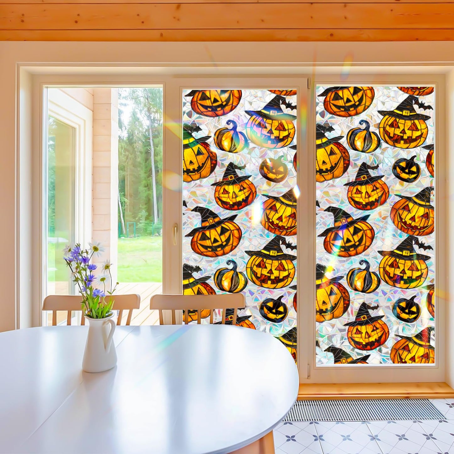 Bloss Halloween Window Clings,Stained Glass Windows Film,Pumpkin Glass Fall Windows Clings, 3D Decorative Privacy Films,Cute Halloween/Thanksgiving Window Stickers for Home Decor, 17x39.4Inch