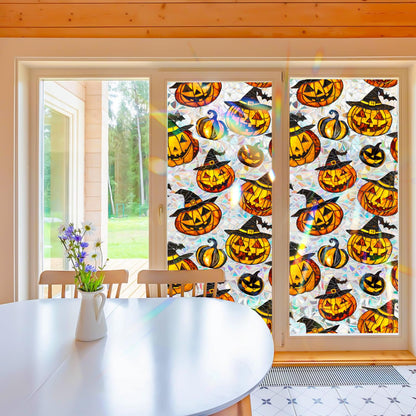 Bloss Halloween Window Clings,Stained Glass Windows Film,Pumpkin Glass Fall Windows Clings, 3D Decorative Privacy Films,Cute Halloween/Thanksgiving Window Stickers for Home Decor, 17x39.4Inch