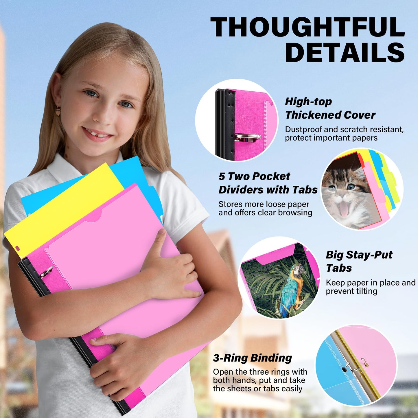 WOT I Telescoping Project Organizer, Refillable Binder with Dividers and Pockets, 13 Pocket Folders, 1 Inch 3 Ring Binder, Pink