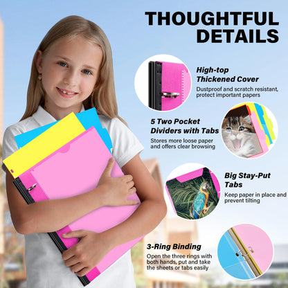 WOT I Telescoping Project Organizer, Refillable Binder with Dividers and Pockets, 13 Pocket Folders, 1 Inch 3 Ring Binder, Pink