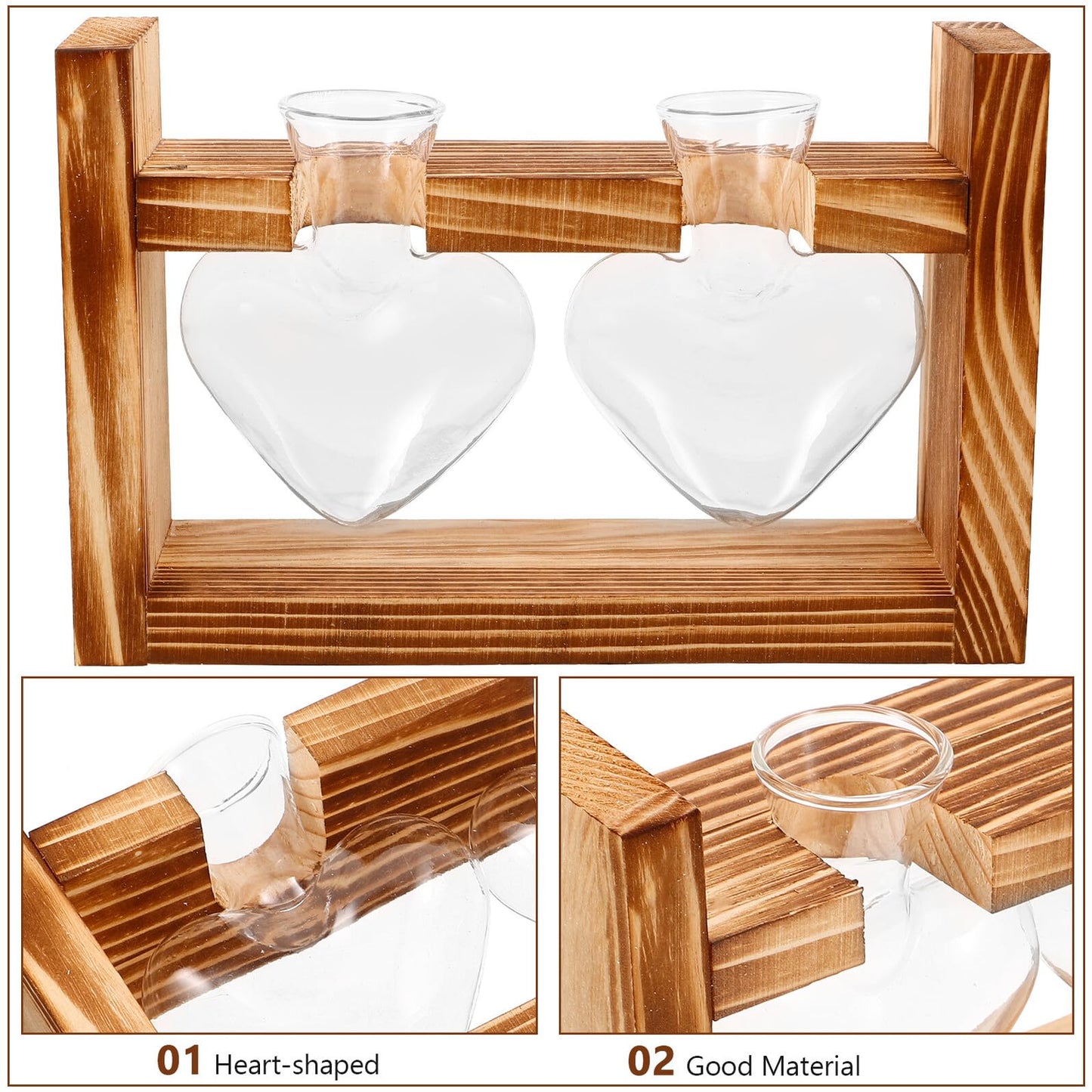 Ipetboom Heart-Shaped Glass Hydroponic Planter Vase with Wooden Stand, Glass Propagation Station for Indoor Plants, Home Décor Terrarium Set