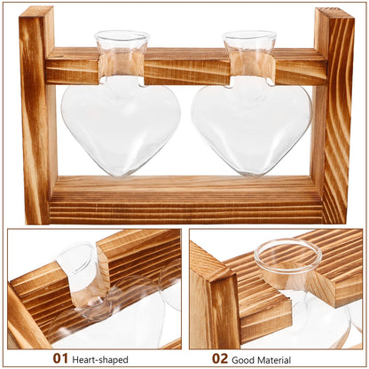 Ipetboom Heart-Shaped Glass Hydroponic Planter Vase with Wooden Stand, Glass Propagation Station for Indoor Plants, Home Décor Terrarium Set