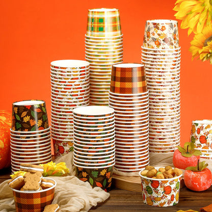 Uiifan 200 Pcs 9oz Fall Paper Bowls Thanksgiving Disposable Bowls Autumn Leaves Pumpkin Bowls Holiday Dessert Salad Snack Soup Cups for Party Supplies Hot or Cold Food