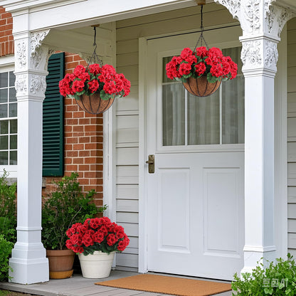 Hananona 2 Set Artificial Red Geraniums Flowers for Outdoors with Hanging Baskets, 2 Hanging Planters with 12 Pcs Red Geranium Flowers for Christmas Front Porch Garden Patio Home Decor (2, Red)